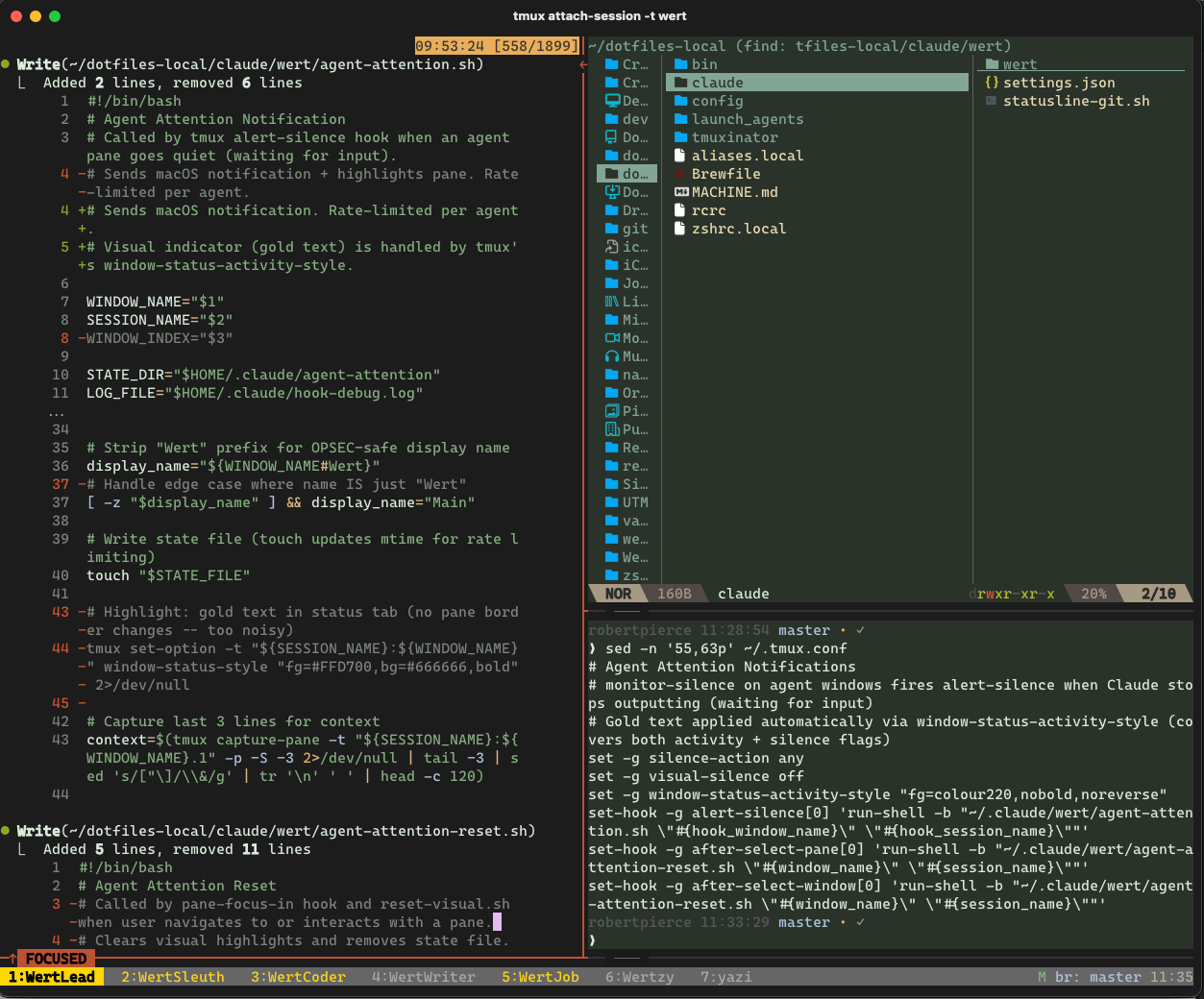 Full tmux view showing the agent attention system in action–gold-highlighted focused window, notification scripts visible, status bar with all agent windows